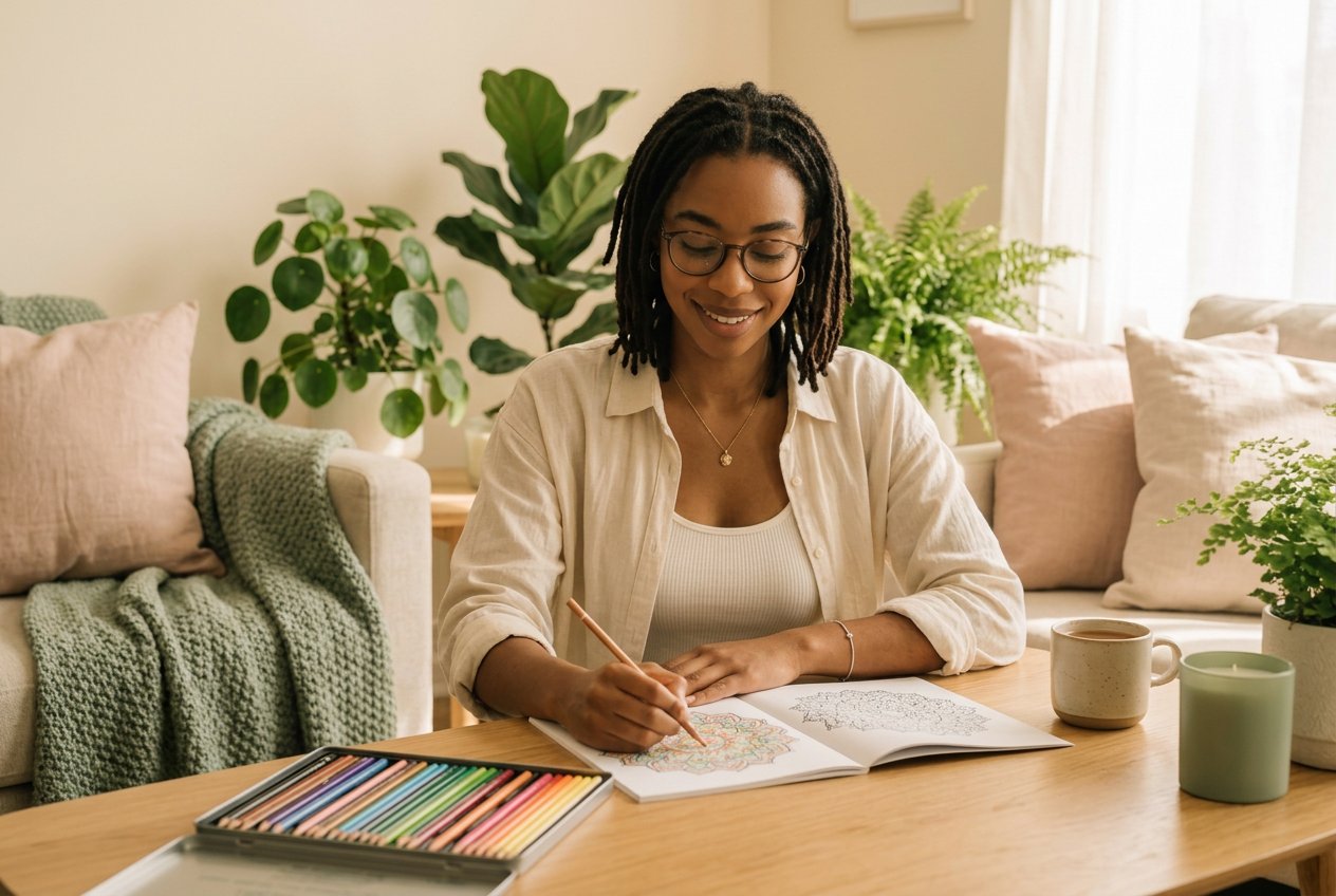 Caesar J's House founder coloring a mandala coloring book at home