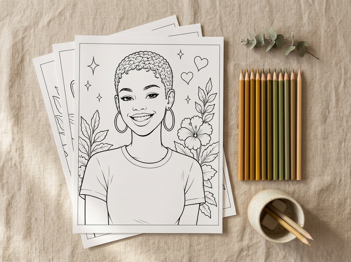Printed coloring pages from the book with colored pencils on a linen table
