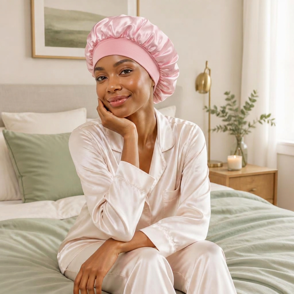 Woman wearing a satin sleep bonnet with her hair fully tucked inside