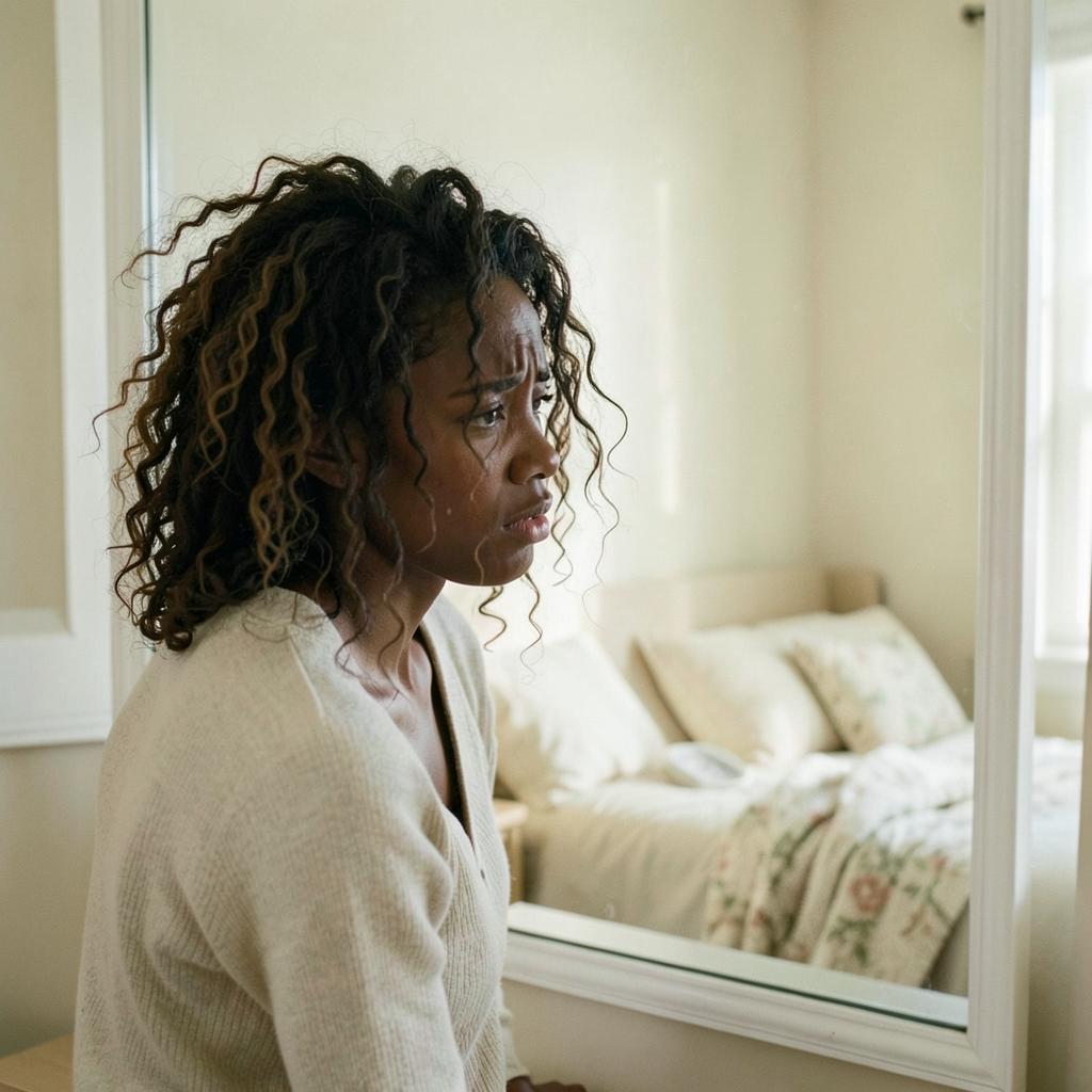 Woman looking at frizzy morning hair in the mirror