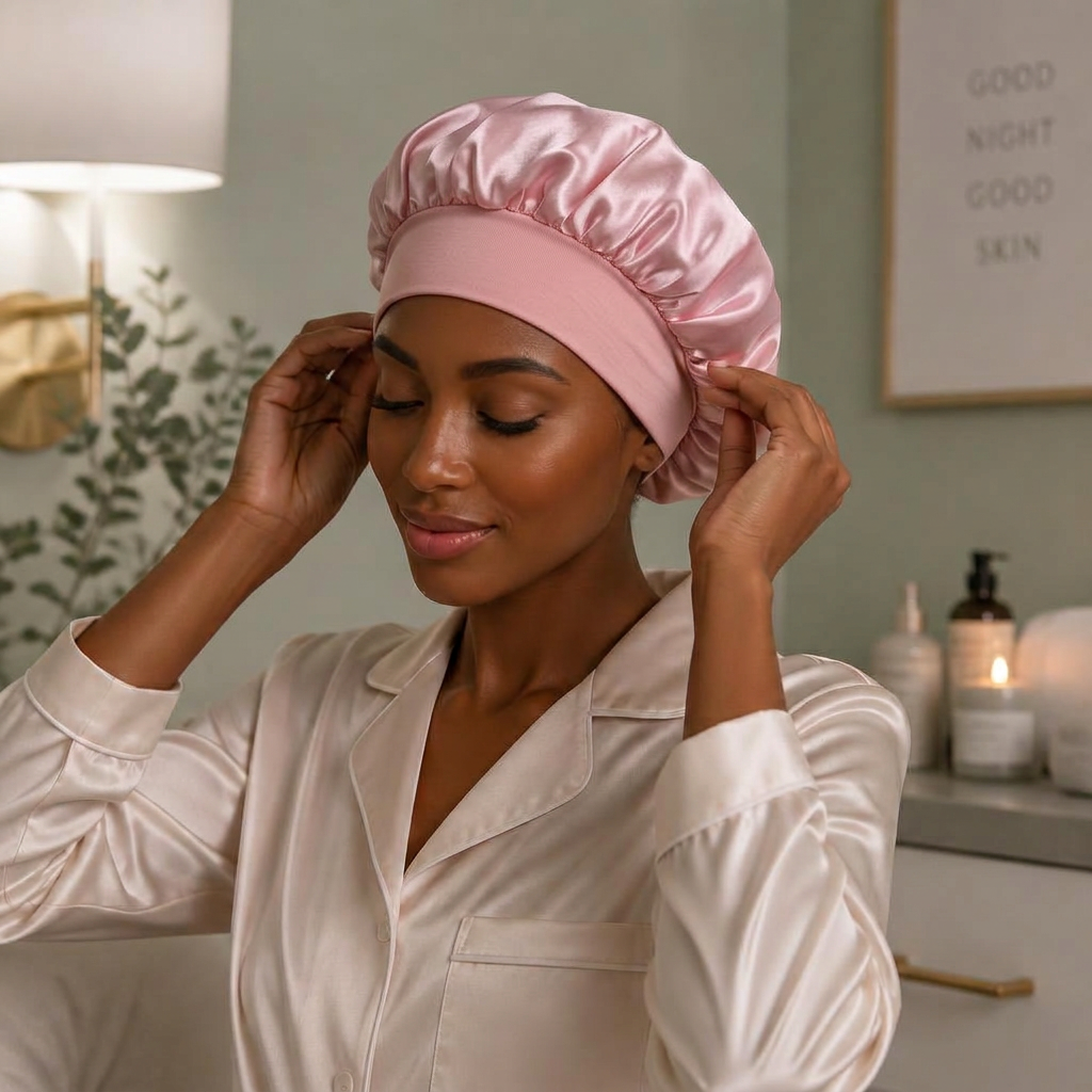 Woman putting on her satin bonnet during her cozy nighttime routine, hair fully tucked inside