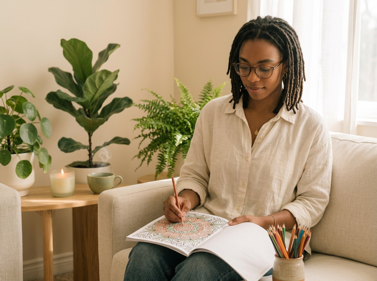 Woman relaxing at home while coloring a mandala with colored pencils