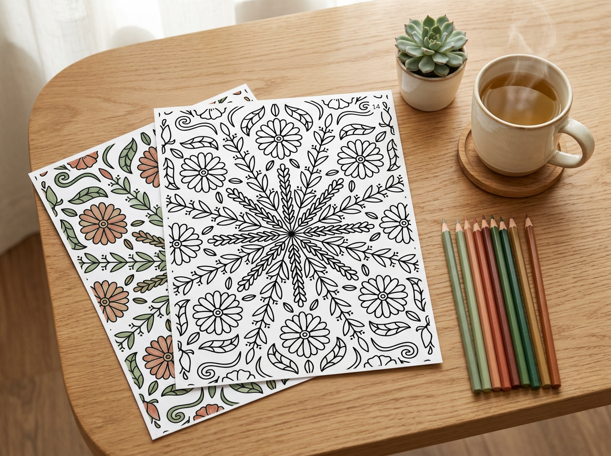 Printed mandala pages on a wooden table with colored pencils and a cup of tea