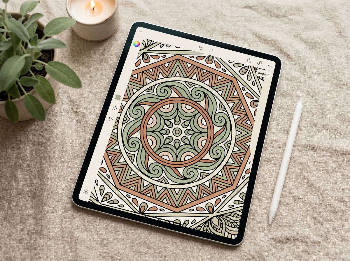 Tablet showing a mandala page from the book with a stylus beside it