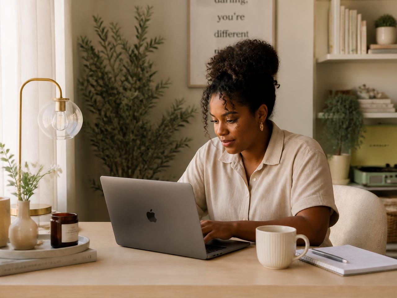 Woman working at a home desk with shoulders gently rounding forward