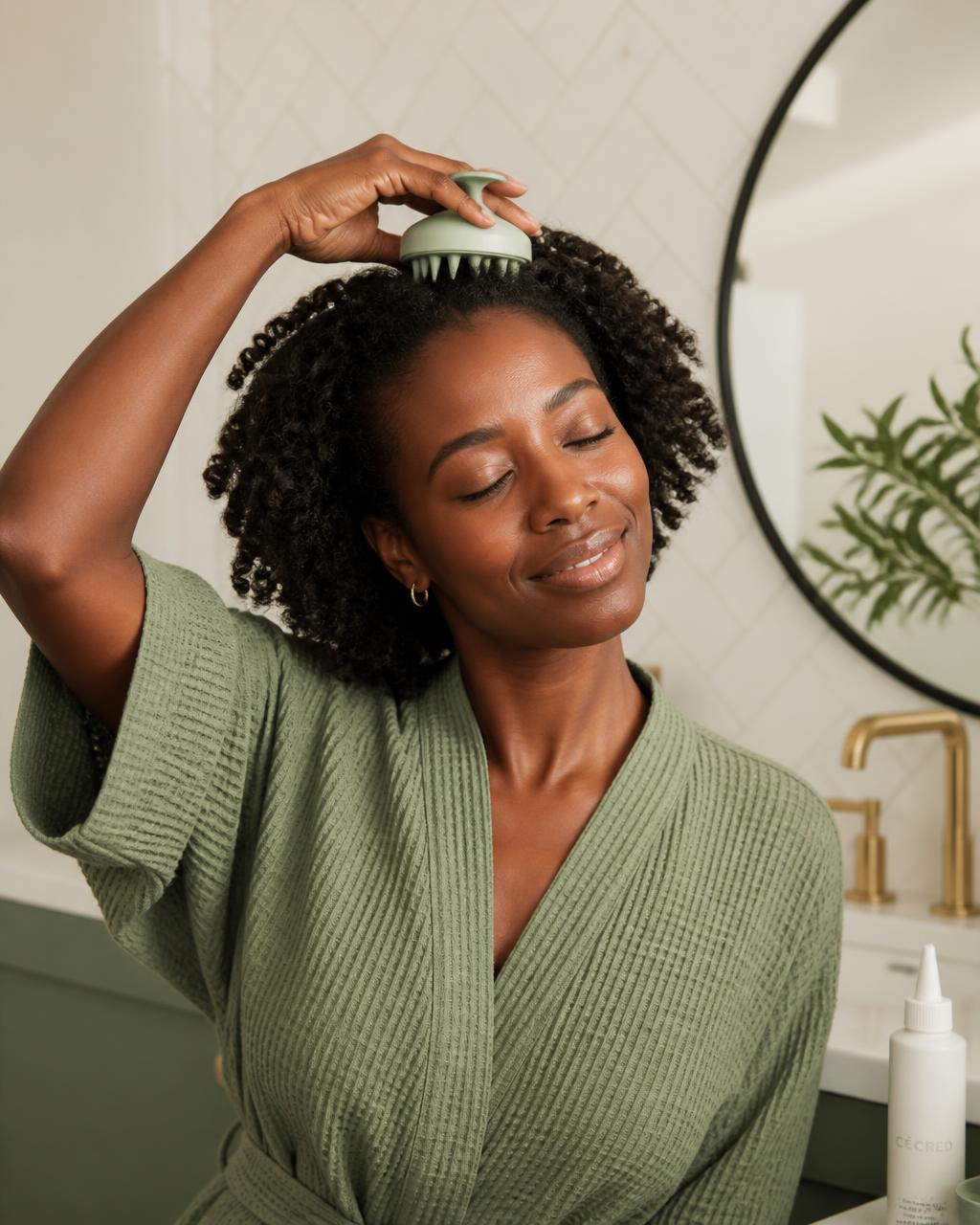 Woman looking at her flat, greasy roots in the bathroom mirror